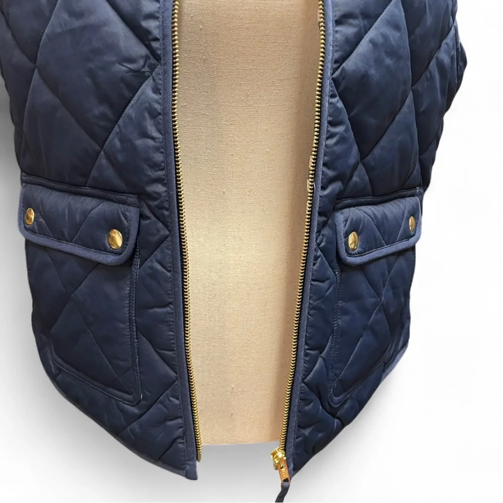 J.Crew Womens S‎ Navy Blue Puffer Zip Up Vest Gingham Print Snap Buttons Preppy